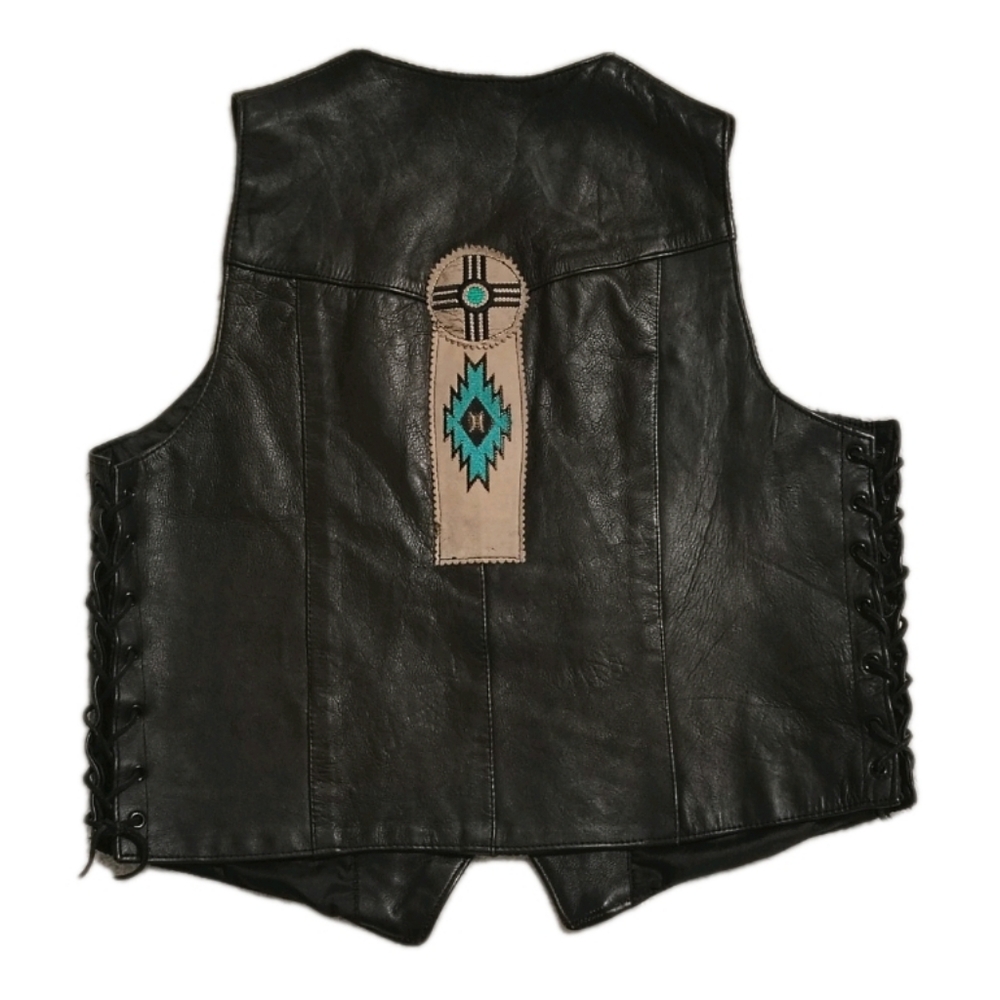 Vintage 80's - 90's Diamond Leather Heavy Vest with Embroidered Design Men's 46